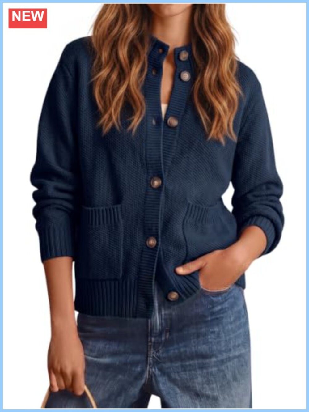 Chunky Knit Button Down Mock Neck Cardigan Long Sleeve Relaxed Cropped Sweater